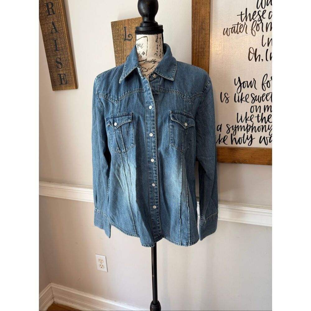 Gap Women's Cotton Denim Long Sleeve Button Up Western Shirt Blue Size Large